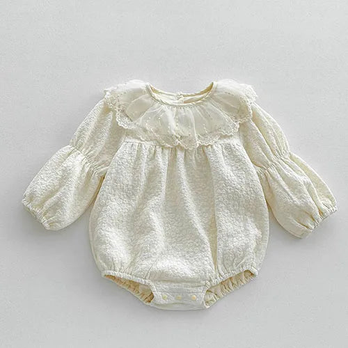 Autumn Spring Newborn Baby Girls Bodysuits+Hat Long Sleeved Cotton Print Lace Stitching Infant Baby Girls Jumpsuit Baby Clothing