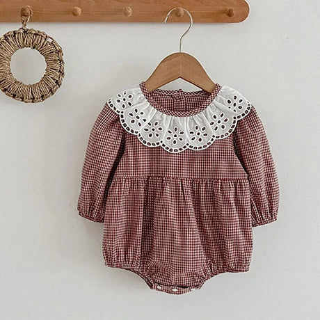 Autumn Spring Newborn Baby Girls Bodysuits+Hat Long Sleeved Cotton Print Lace Stitching Infant Baby Girls Jumpsuit Baby Clothing