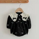 Autumn Spring Newborn Baby Girls Bodysuits+Hat Long Sleeved Cotton Print Lace Stitching Infant Baby Girls Jumpsuit Baby Clothing