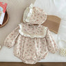 Autumn Spring Newborn Baby Girls Bodysuits+Hat Long Sleeved Cotton Print Lace Stitching Infant Baby Girls Jumpsuit Baby Clothing