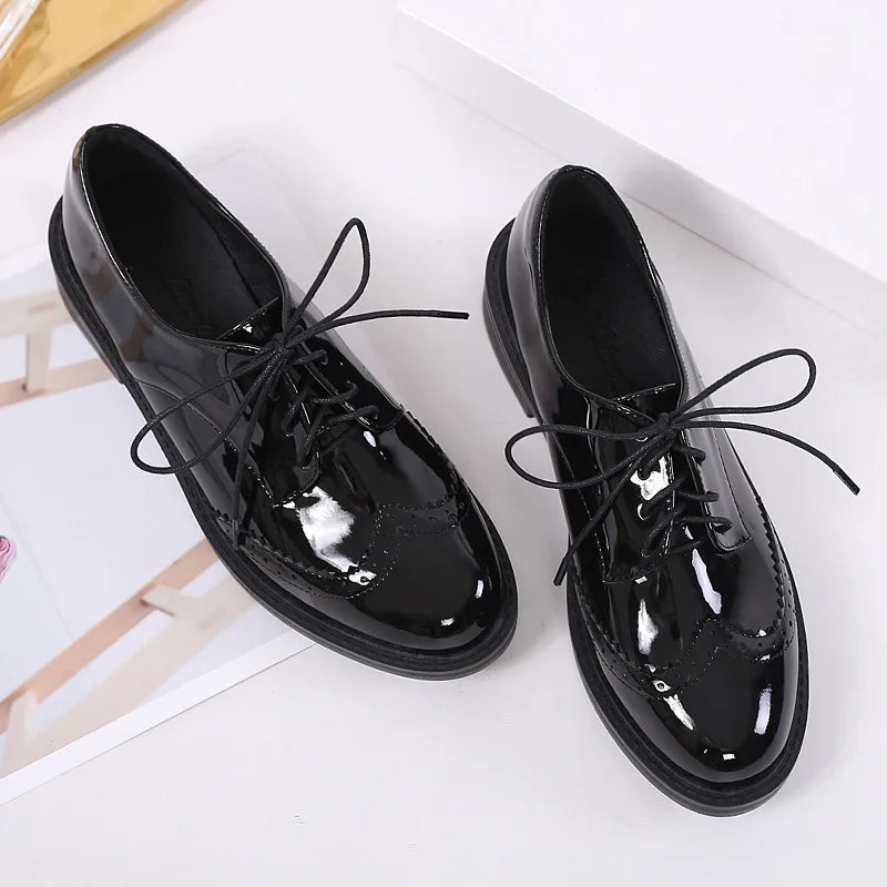 Autumn Spring Women Oxford Shoes Comfort Lady Brogue Derby Polish Designer Low-heeled Casual Shoes British Style Women Shoes