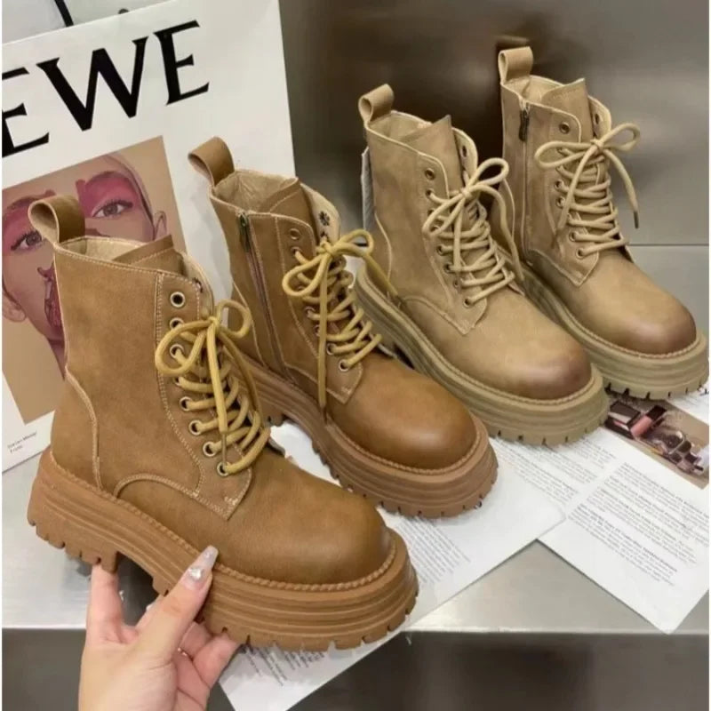 Autumn Winter 2023 New Trend Woman‘s Round Toe Lace Up Plush Footwear Boots-Women Comfortable Fur Ankle Solid Color Ladies Boots