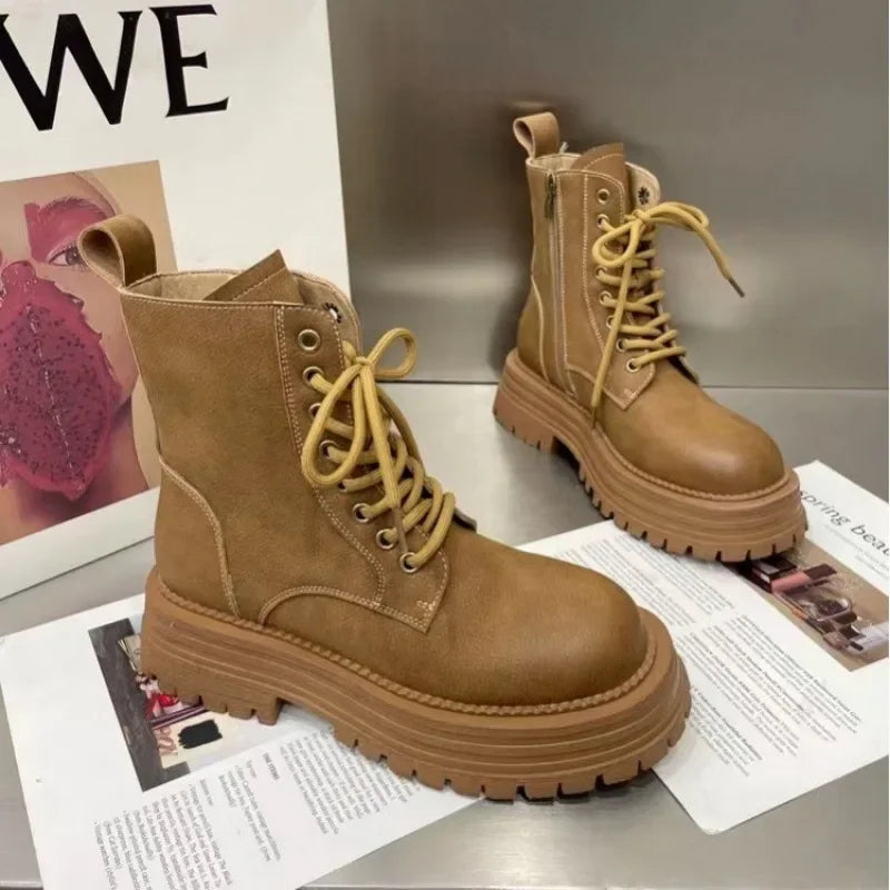 Autumn Winter 2023 New Trend Woman‘s Round Toe Lace Up Plush Footwear Boots-Women Comfortable Fur Ankle Solid Color Ladies Boots