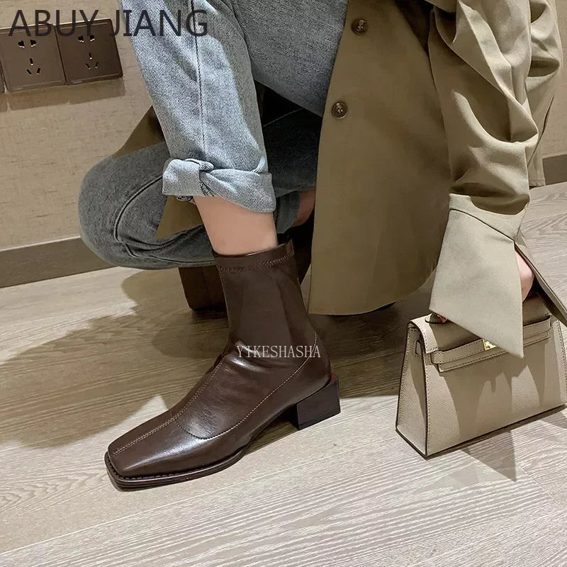 Autumn Winter Square Toe British Mid-heel Ankle Boots Brown Thick-heel Boots Women's Elastic Boots Booties Woman Boot Shoes High