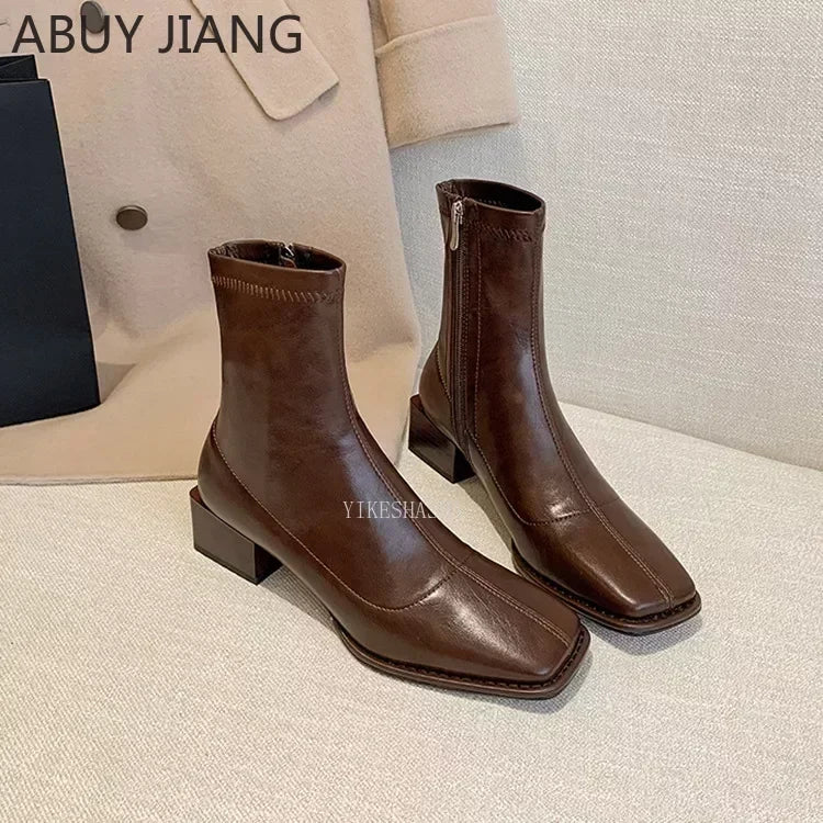 Autumn Winter Square Toe British Mid-heel Ankle Boots Brown Thick-heel Boots Women's Elastic Boots Booties Woman Boot Shoes High