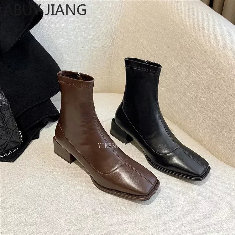 Autumn Winter Square Toe British Mid-heel Ankle Boots Brown Thick-heel Boots Women's Elastic Boots Booties Woman Boot Shoes High