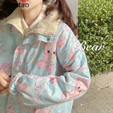 Autumn Winter Sweet Lolita Style Plush Coats Women Cute Bear Print Loose Lambswool Both Side Wear Parkas Girls Kawaii JK Outwear