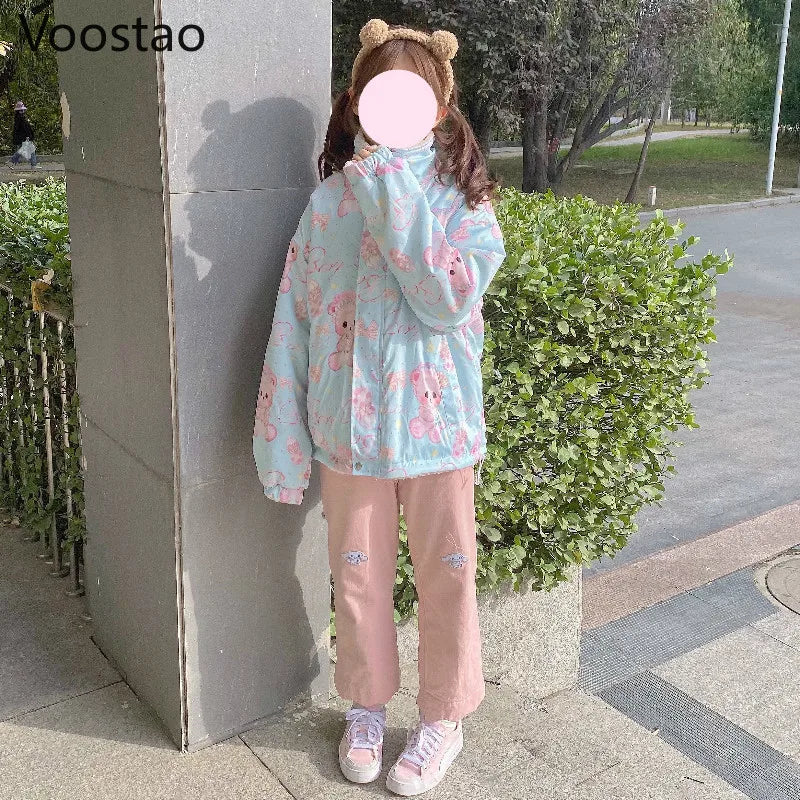 Autumn Winter Sweet Lolita Style Plush Coats Women Cute Bear Print Loose Lambswool Both Side Wear Parkas Girls Kawaii JK Outwear