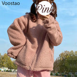 Autumn Winter Sweet Lolita Style Plush Coats Women Cute Bear Print Loose Lambswool Both Side Wear Parkas Girls Kawaii JK Outwear