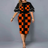 Autumn Women Trend Printing Plaid X-shaped Plus Size Midi Dress Women's Fashionable Butterfly Sleeve Elegant Party Dresses Robe