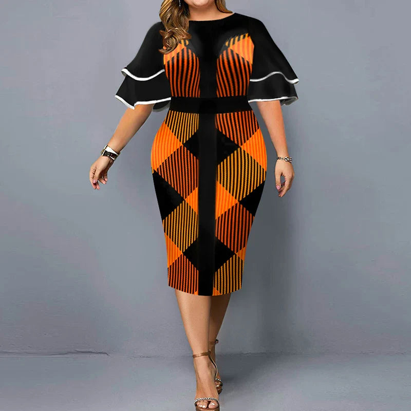 Autumn Women Trend Printing Plaid X-shaped Plus Size Midi Dress Women's Fashionable Butterfly Sleeve Elegant Party Dresses Robe