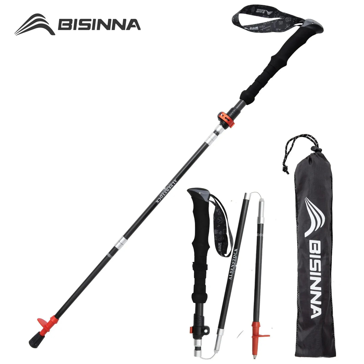 BISINNA 1pcs/2pcs Folding Trekking Poles Carbon Fiber Collapsible Telescopic Sticks Lightweight Walking Stick Hiking Climbing