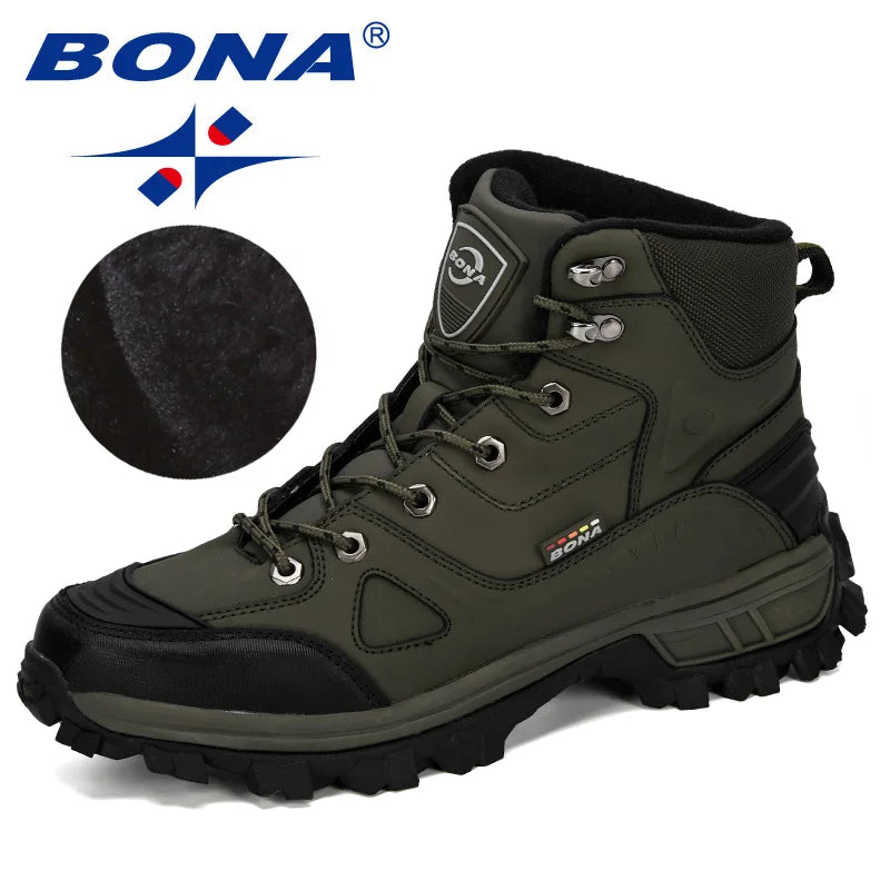 BONA New Designers  Leather Hiking Shoes Men Winter Outdoor Mens Sport  ShoesTrekking Mountain Athletic Shoes Man