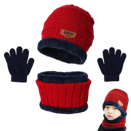 Baby Boys Winter Warmer Kids Fleece Hat Scarf and Gloves Set Children Knitted Hat Beanies Cap Neck Scarf Glove Suit For Kids