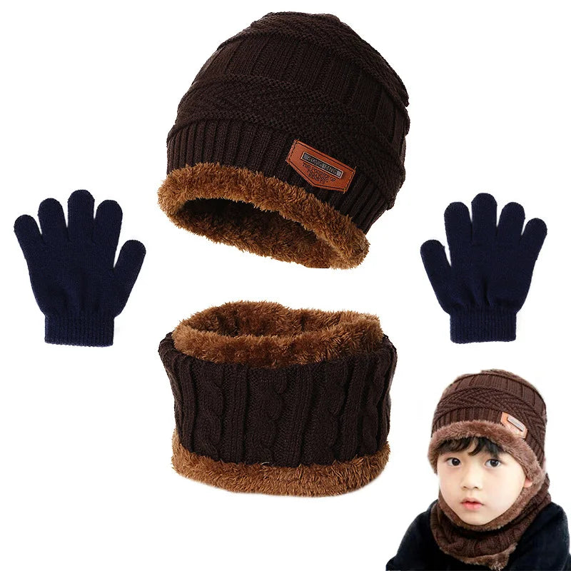 Baby Boys Winter Warmer Kids Fleece Hat Scarf and Gloves Set Children Knitted Hat Beanies Cap Neck Scarf Glove Suit For Kids