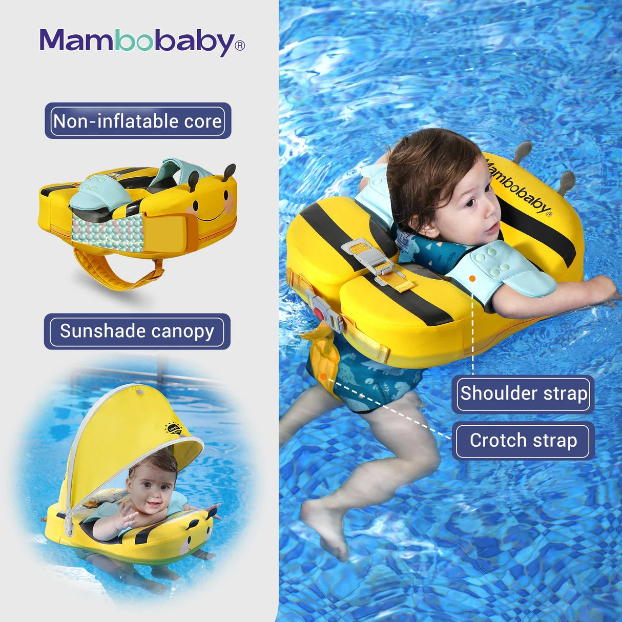 Baby Float With Crotch Strap & Inflation-free Solid Core Mambobaby Kid Swimming Ring Have Sunshade 0-7 Yeas Old Swim Pool Tube