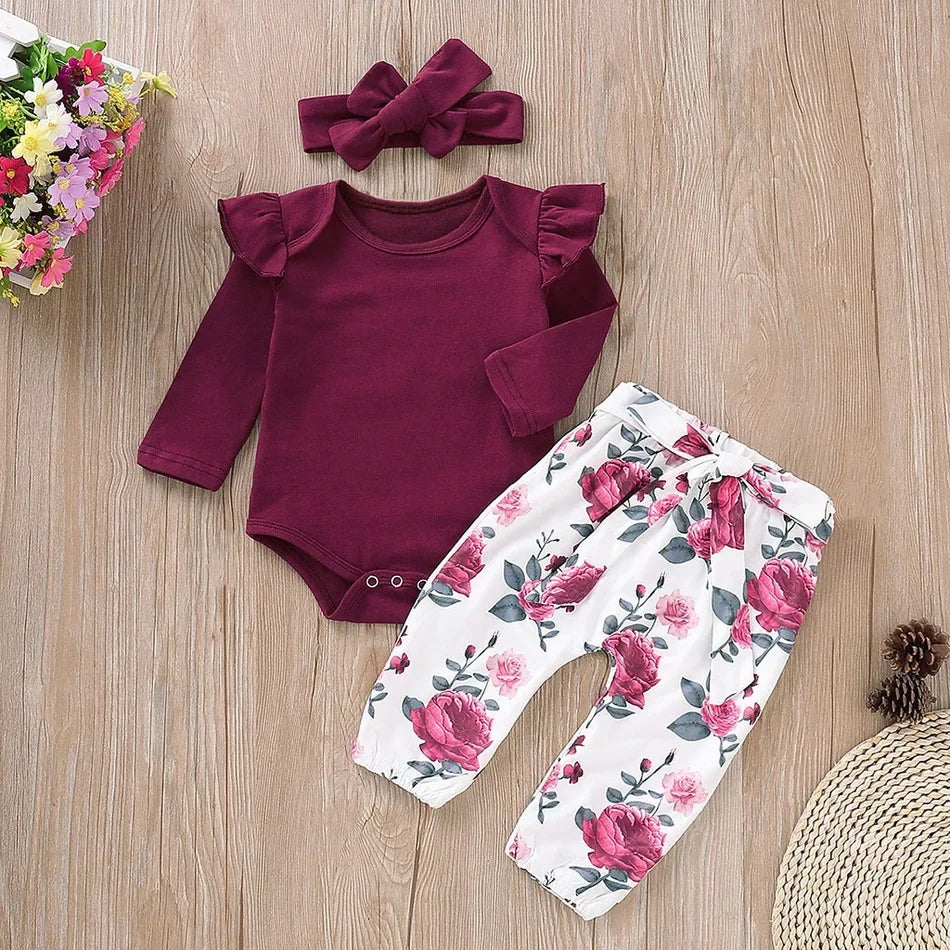 Baby Girl Clothes Newborn Infant Autumn 3Pcs Set Cotton Romper Dot Pants Headband fall Outfits Clothes Baby Girls Clothing Suit