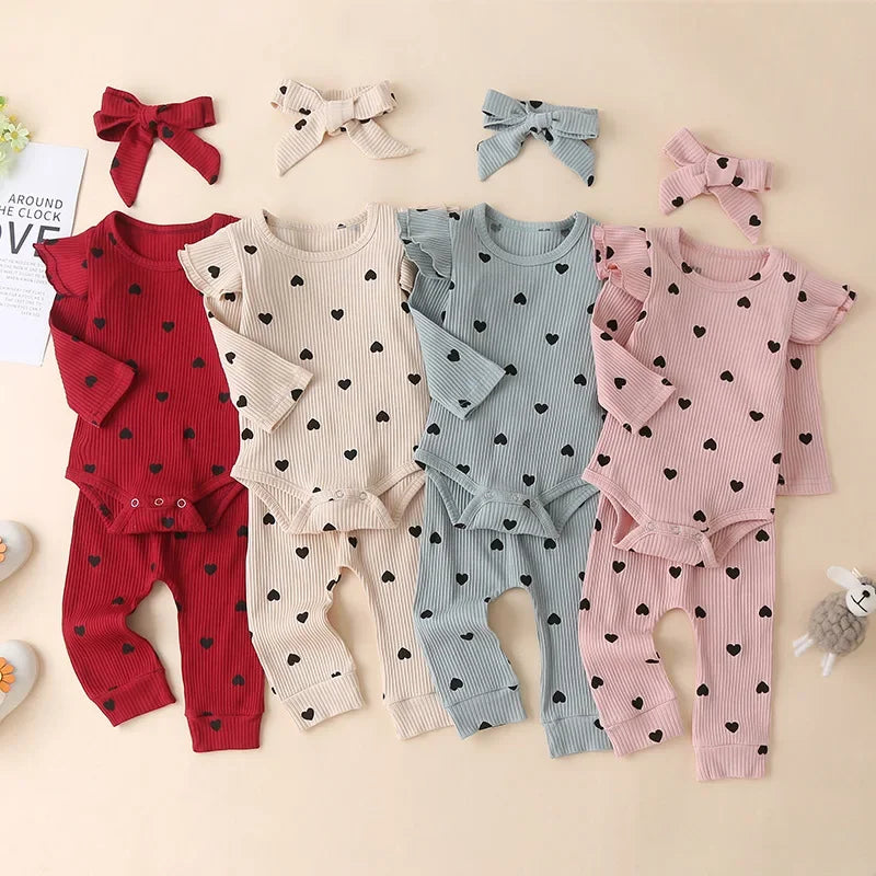 Baby Girl Clothes Newborn Infant Autumn 3Pcs Set Cotton Romper Dot Pants Headband fall Outfits Clothes Baby Girls Clothing Suit