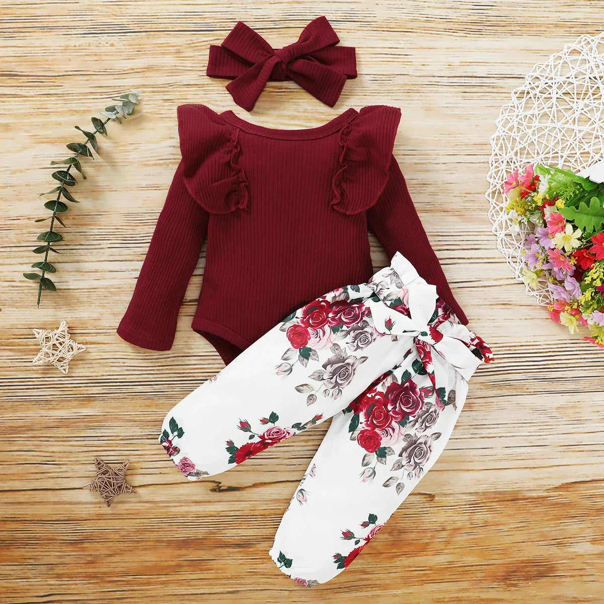 Baby Girl Clothes Newborn Infant Autumn 3Pcs Set Cotton Romper Dot Pants Headband fall Outfits Clothes Baby Girls Clothing Suit