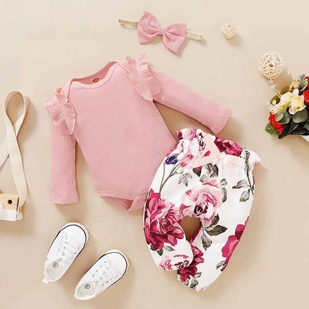 Baby Girl Clothes Newborn Infant Autumn 3Pcs Set Cotton Romper Dot Pants Headband fall Outfits Clothes Baby Girls Clothing Suit