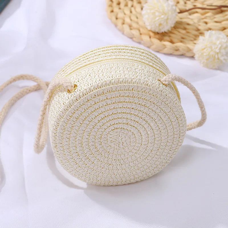 Baby Girl Fashion Casual Solid Straw Shoulder Bags Backpack Accessories Kids Children Cute Round Messenger Candy Color Small Bag