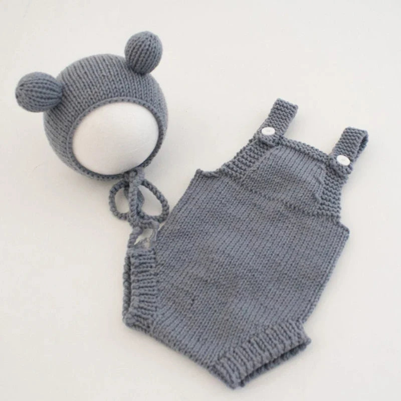 Baby Photoshoot Props Costume Set Jumpsuit & Bear Ear Hat Newborn Photo Props Photography Clothes Photosudio Accessories