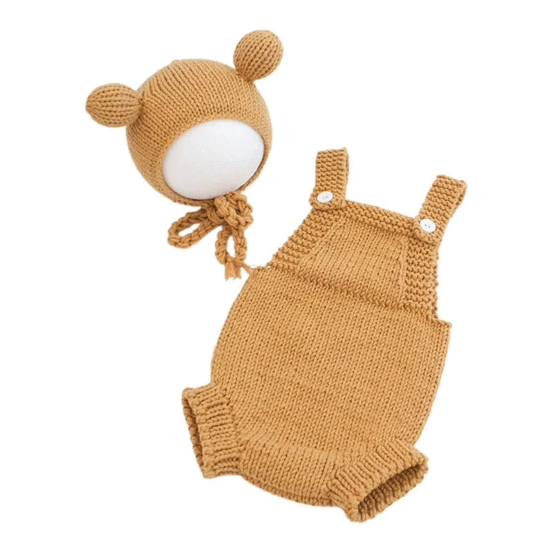 Baby Photoshoot Props Costume Set Jumpsuit & Bear Ear Hat Newborn Photo Props Photography Clothes Photosudio Accessories