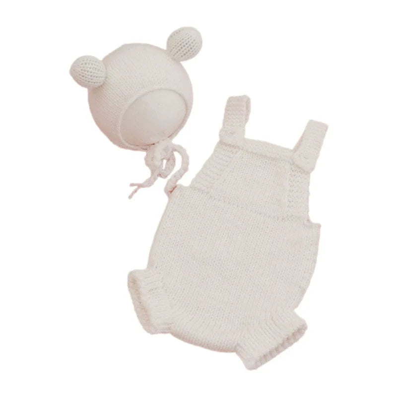 Baby Photoshoot Props Costume Set Jumpsuit & Bear Ear Hat Newborn Photo Props Photography Clothes Photosudio Accessories