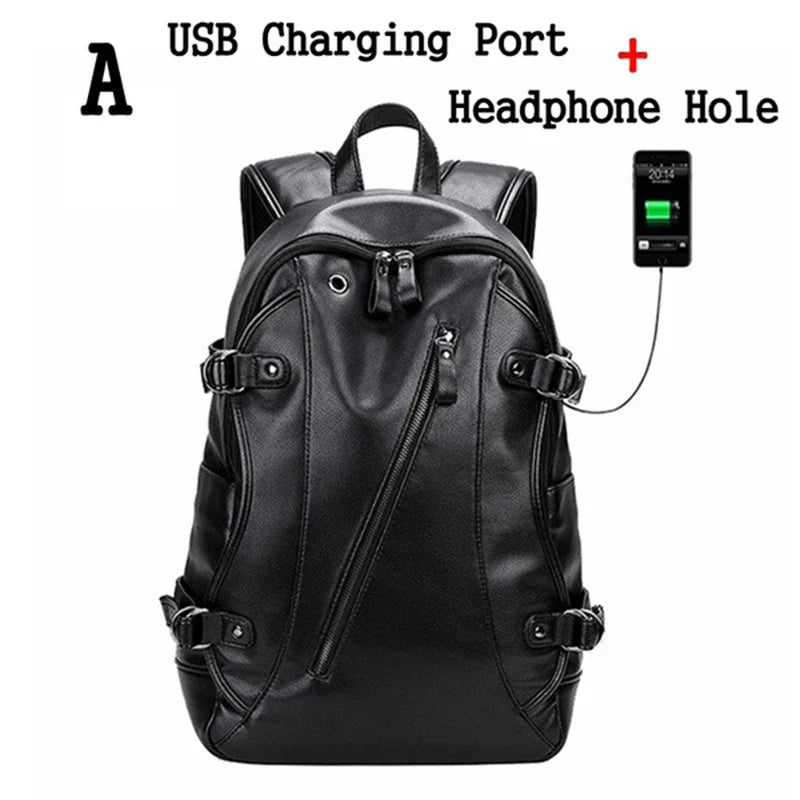 Backpack Men External Usb Charge Waterproof Backpack Fashion Pu Leather Travel Bag Casual School Bag Leather Bookbag