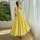 Bafftafe Delicate Yellow Lace Women Prom Dresses Half Sleeves A Line Ankle Length Midi Formal Evening Gowns Wedding Party Dress