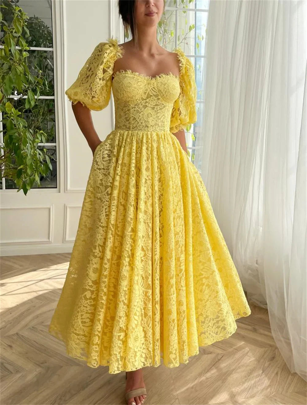 Bafftafe Delicate Yellow Lace Women Prom Dresses Half Sleeves A Line Ankle Length Midi Formal Evening Gowns Wedding Party Dress