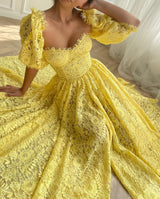 Bafftafe Delicate Yellow Lace Women Prom Dresses Half Sleeves A Line Ankle Length Midi Formal Evening Gowns Wedding Party Dress