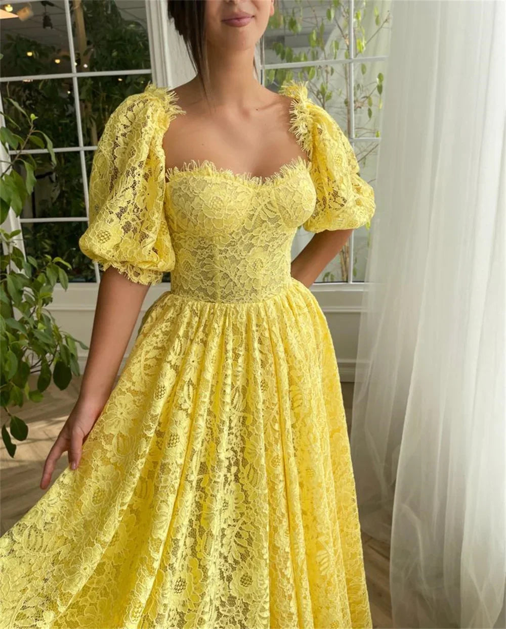 Bafftafe Delicate Yellow Lace Women Prom Dresses Half Sleeves A Line Ankle Length Midi Formal Evening Gowns Wedding Party Dress