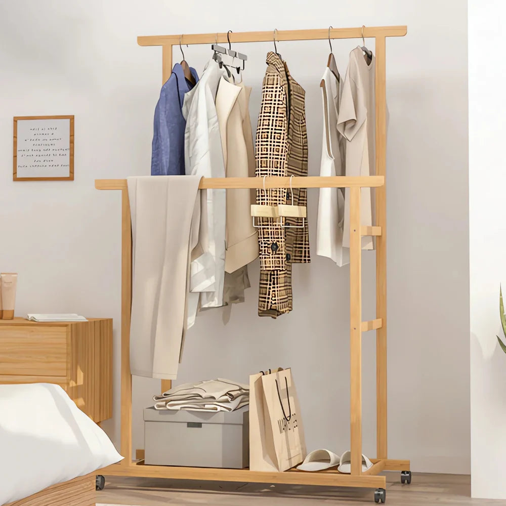 Bamboo Clothes Rail Rack Double Hanging Rails Clothes Rack on Wheels Free Standing Garment Rack with Storage Shelves Coat Rack