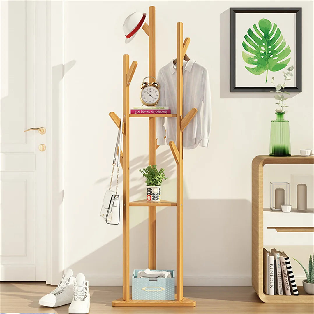 Bamboo Coat Rack Tree Cloth Hanger 9 Hooks 3-Layer Shelf Stand Hallway Living Room for Hat,Clothes,Scarves,Handbags,Umbrella