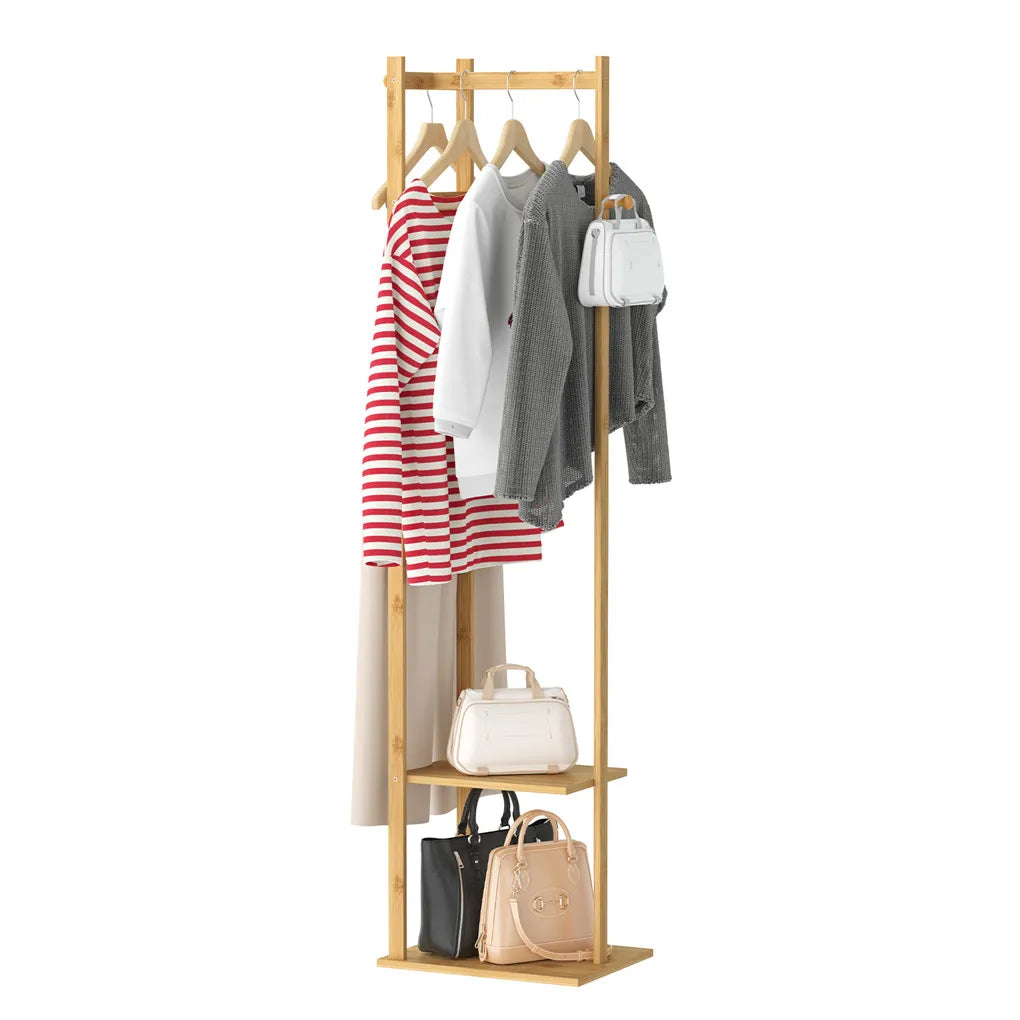 Bamboo Garment Rack, Clothing Rack with 2 Tier Storage Shelves, Wooden Garment Rack, Clothes Hanging Rack, Cloest Organizer