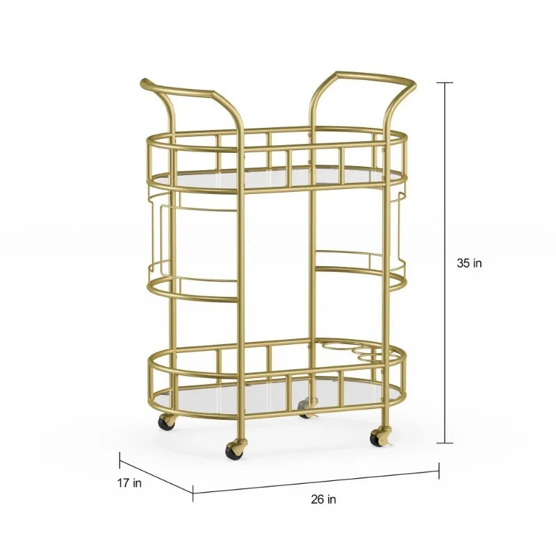 Bar Cart with Matte Gold Metal Finish, 2-Tiers Trolley Cart  Rolling Cart  Kitchen Island Table Meuble De Rangement Cuisine