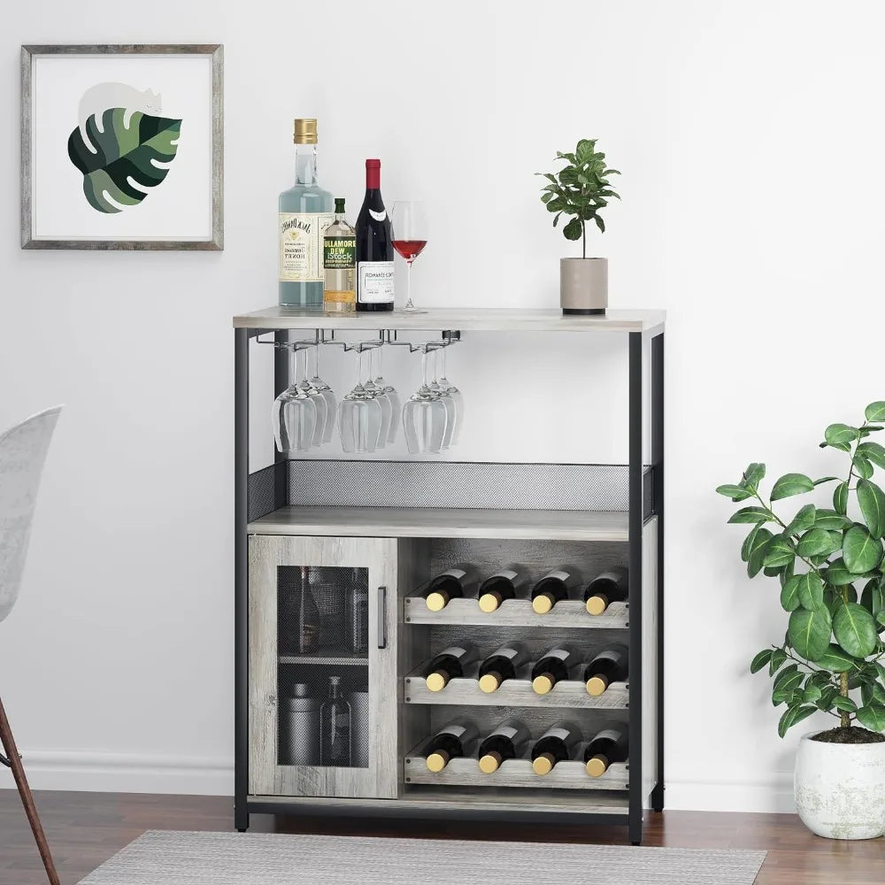 Bar cabinet with removable wine rack and 1 drawer, bar cabinet with glass shelves and mesh doors for storing alcohol and glasses