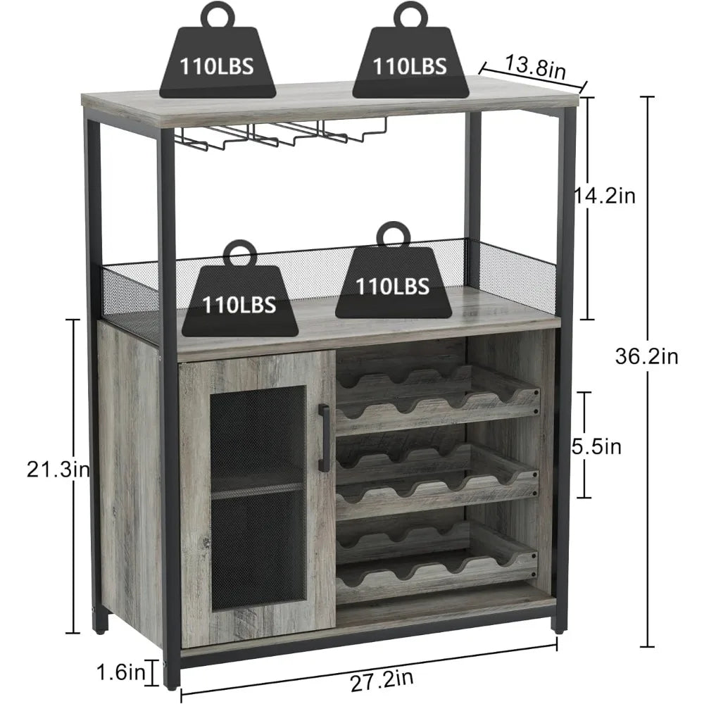 Bar cabinet with removable wine rack and 1 drawer, bar cabinet with glass shelves and mesh doors for storing alcohol and glasses