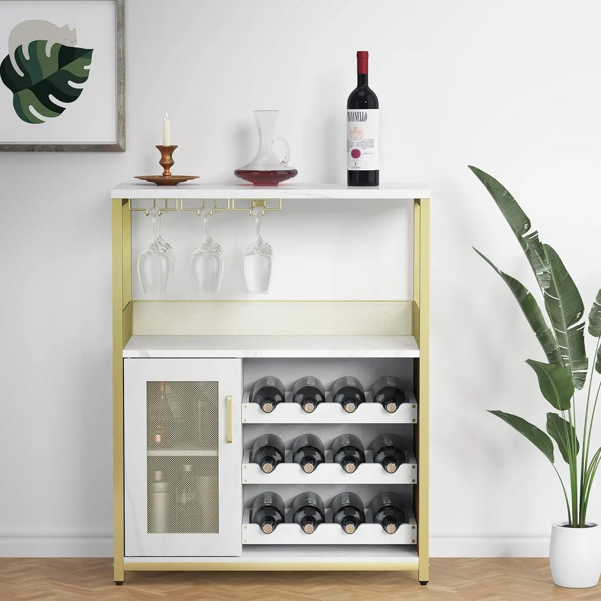 Bar cabinet with removable wine rack and 1 drawer, bar cabinet with glass shelves and mesh doors for storing alcohol and glasses