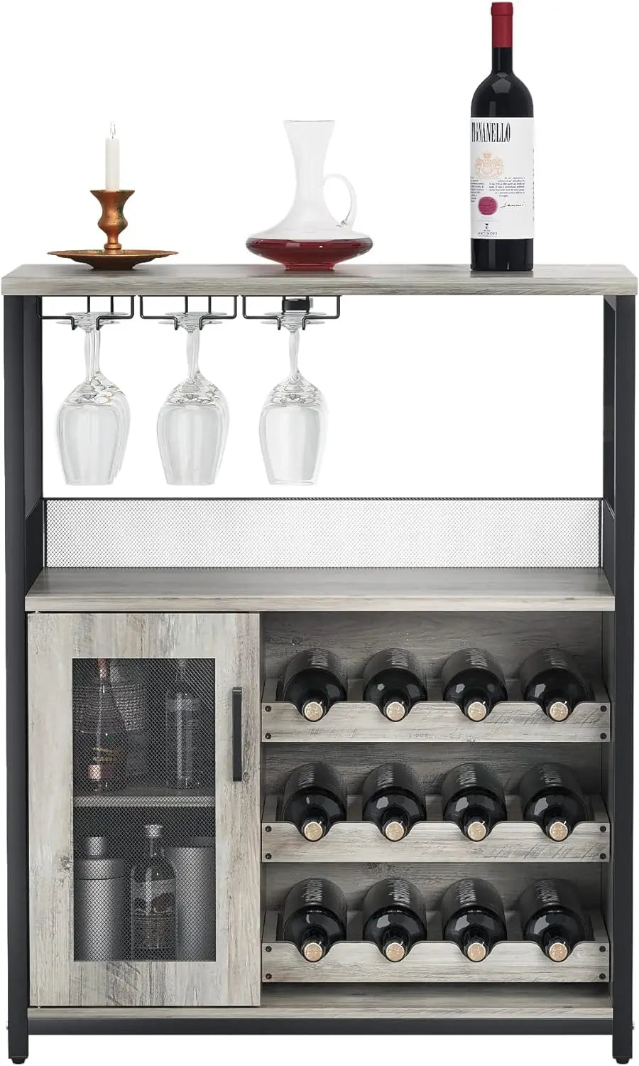 Bar cabinet with removable wine rack and 1 drawer, bar cabinet with glass shelves and mesh doors for storing alcohol and glasses