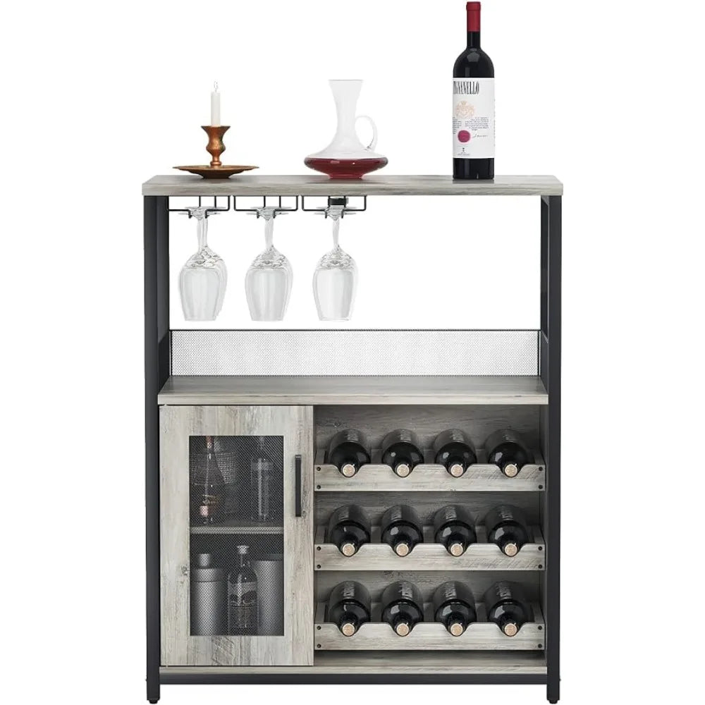 Bar cabinet with removable wine rack and 1 drawer, bar cabinet with glass shelves and mesh doors for storing alcohol and glasses