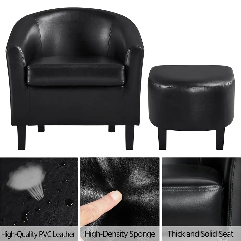 Barrel Accent Chair with Ottoman, Black Faux Leather lounge chair  sofa set living room furniture