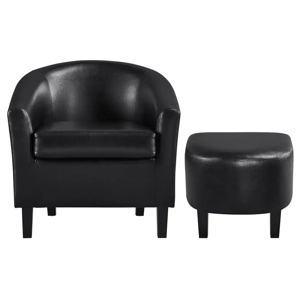 Barrel Accent Chair with Ottoman, Black Faux Leather lounge chair  sofa set living room furniture