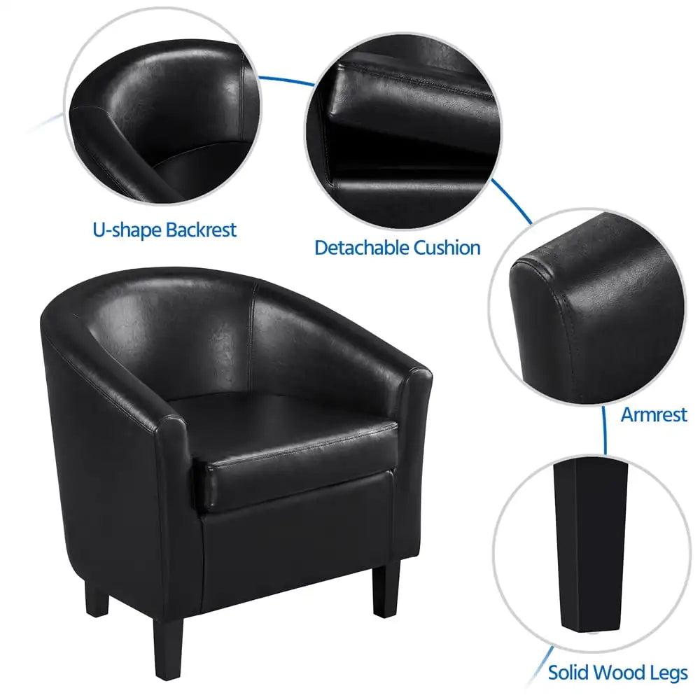 Barrel Accent Chair with Ottoman, Black Faux Leather lounge chair  sofa set living room furniture