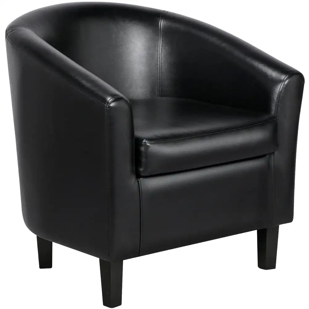 Barrel Accent Chair with Ottoman, Black Faux Leather lounge chair  sofa set living room furniture