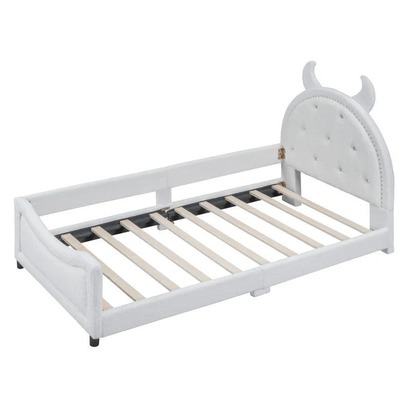 Bedroom upholstered day bed, with padded headboard, single bed, double bed, baby bed, baby cot, child bed, teen bed, cute