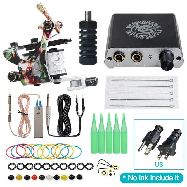 Beginner Complete Tattoo Kit Machines Gun Black Ink Set Power Supply Grips Body Art Tools Set Permanent Makeup Tattoo set