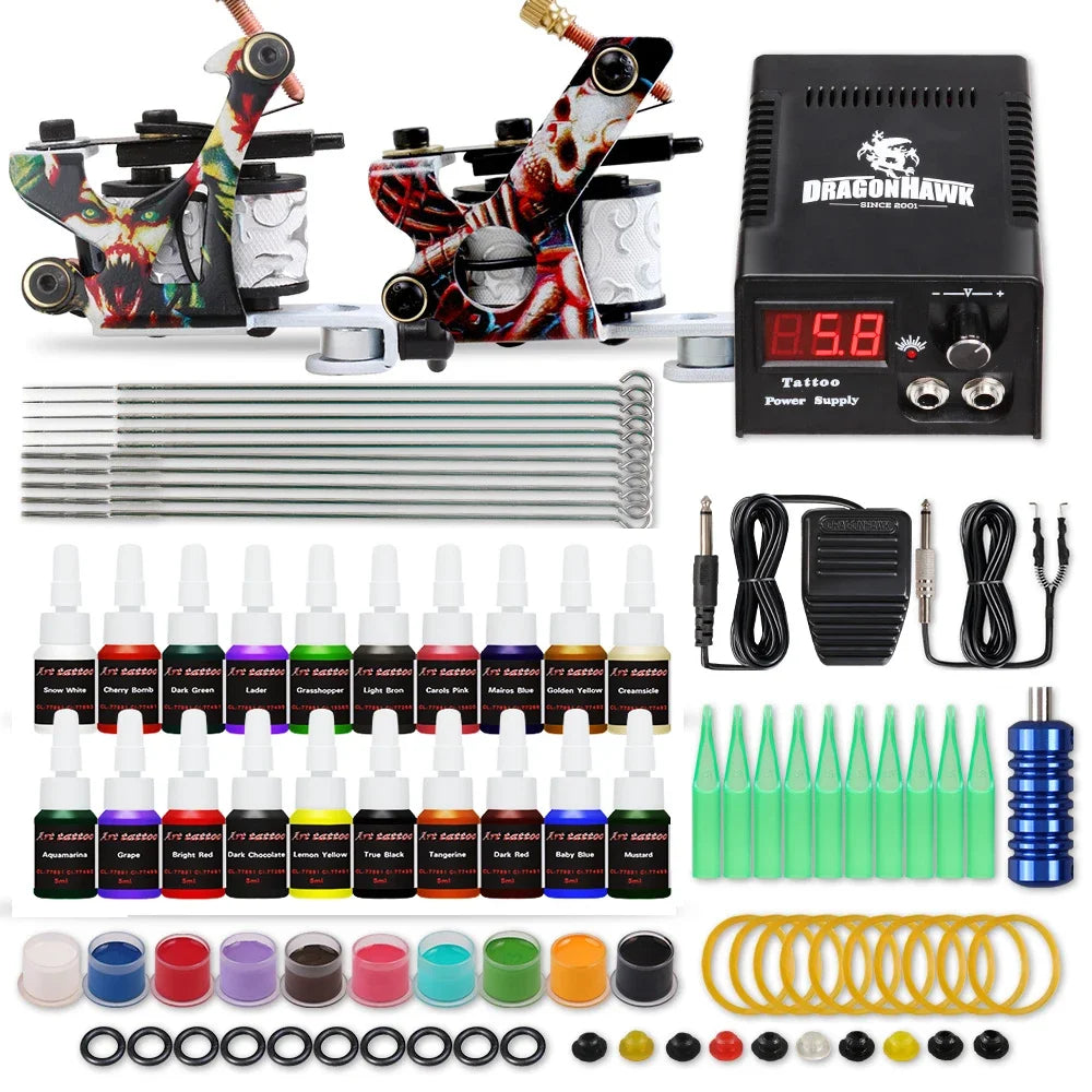 Beginner Complete Tattoo Kit Machines Gun Black Ink Set Power Supply Grips Body Art Tools Set Permanent Makeup Tattoo set