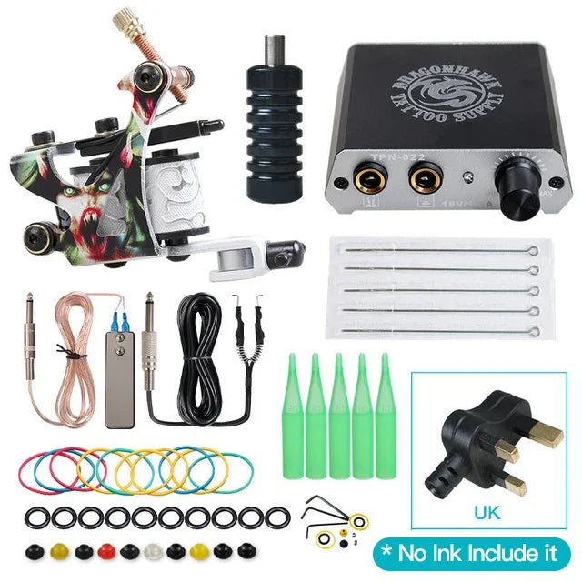 Beginner Complete Tattoo Kit Machines Gun Black Ink Set Power Supply Grips Body Art Tools Set Permanent Makeup Tattoo set